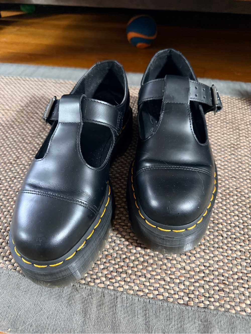 Black Kids Mary Jane Platform Shoes with Yellow Stitching